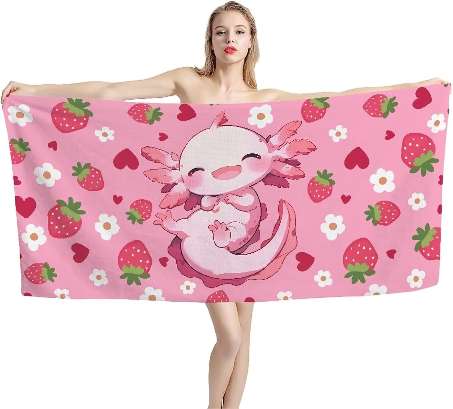 Pilates Yoga Towel - Cute Axolotl Strawberry Beach Towel for